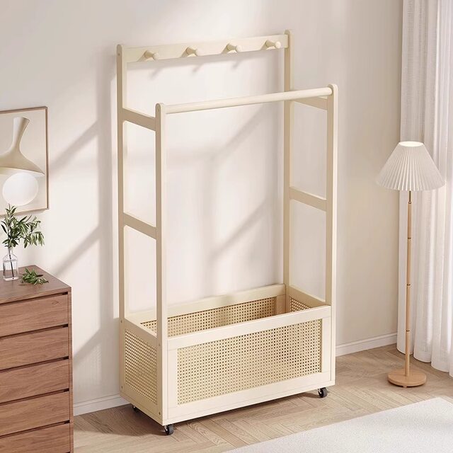 Floor-Standing Coat Rack, Movable Simple Bedside Clothes Storage Rack, Entryway Solid Wood Bedroom Standing Clothes Hanger
