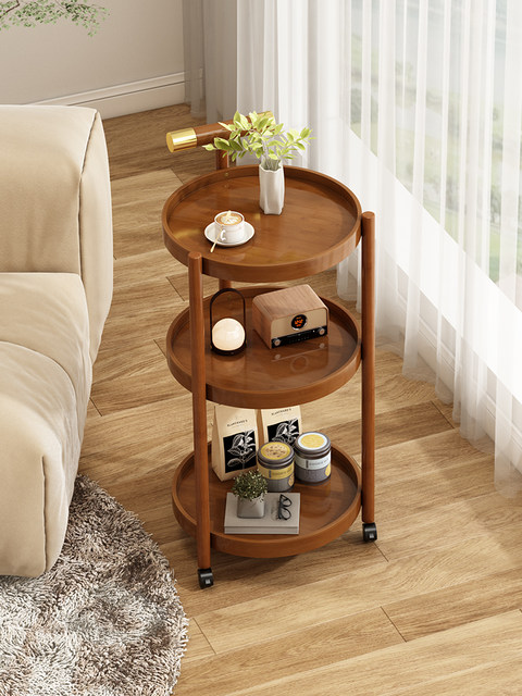 Solid Wood Round Bedroom Bedside Table, Household Mobile Small Cart, Multi-Layer Storage Rack with Wheels, Sofa Side Table