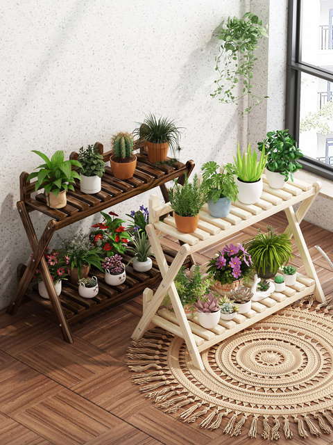 Solid Wood Small Flower Stand Multi-Layer Cross-Shaped Storage Rack Indoor Living Room Balcony Flower Stand Floor-Standing Storage Flower Rack