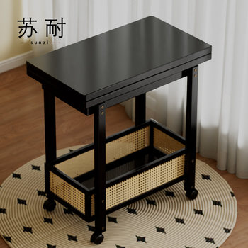 Movable Folding Small Table, Living Room Sofa Side Cabinet, Household Small Table, Vintage Style Solid Wood Small Apartment Trolley