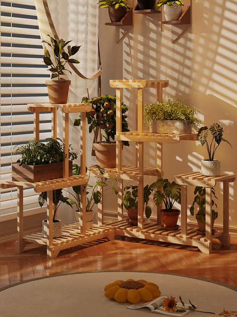 Solid Wood Multi-Layer Flower Stand, Floor-Standing Ladder-Type Plant Stand, Home Indoor Balcony Storage Rack, Retro Display Rack