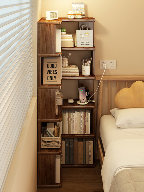 Solid Wood Corner Bookshelf Floor-Standing Storage Rack Pine Narrow Gap Cabinet Children's Home Storage Cabinet Living Room Simple Bookcase