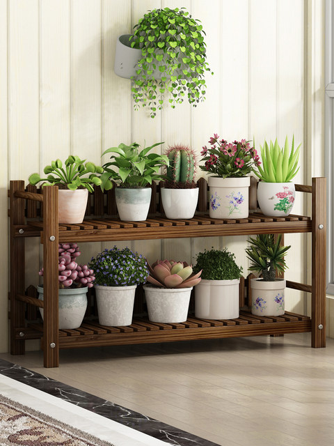 Solid Wood Flower Stand, Anti-Corrosion, Indoor Multi-Layer Balcony Living Room Storage, Potted Plants, Green Radish, Succulents, Wrought Iron, Floor-Standing, Simple