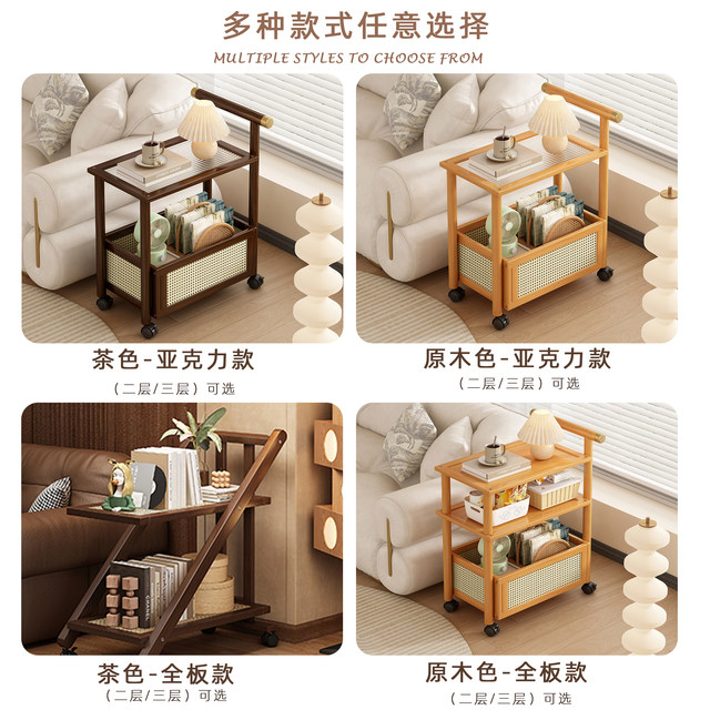 Mobile Japanese-Style Small Coffee Table, Simple Living Room Sofa Side Table with Wheels, Household Small Square Table, Bedside Storage Rack