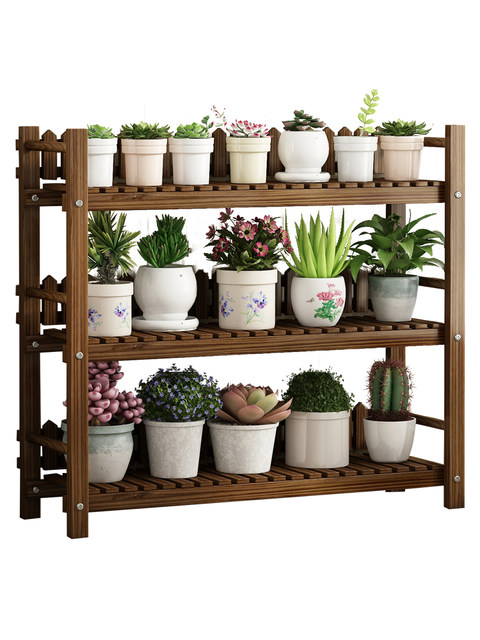Solid Wood Flower Stand, Anti-Corrosion, Indoor Multi-Layer Balcony Living Room Storage, Potted Plants, Green Radish, Succulents, Wrought Iron, Floor-Standing, Simple
