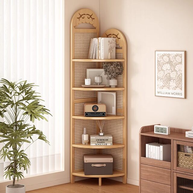 Corner Bookshelf, Floor-Standing Multi-Layer Bookcase, Retro Rattan Corner Cabinet, Living Room Wall-Mounted Storage Rack