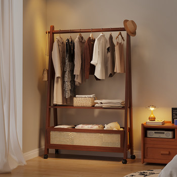 Solid Wood Floor-Standing Coat Rack, Bedroom Office Multi-Functional Storage with Wheels, Mobile Clothes Rack, Simple and Modern New Style