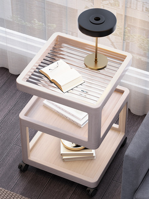 Movable Side Table, Sofa Side Cabinet, Small Apartment Living Room, Home Balcony Coffee Table, Folding Trolley, Cream-Style Bedroom Table