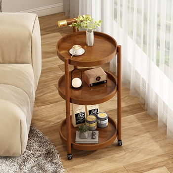 Solid Wood Round Bedroom Bedside Table, Household Mobile Small Cart, Multi-Layer Storage Rack with Wheels, Sofa Side Table