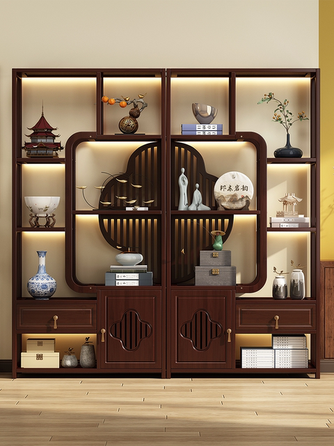 New Chinese-Style Display Shelf, Multi-Purpose Cabinet for Tea and Teacups, Storage Rack for Tea Room Decorations, Tobacco and Alcohol Rack, Multi-Purpose Cabinet
