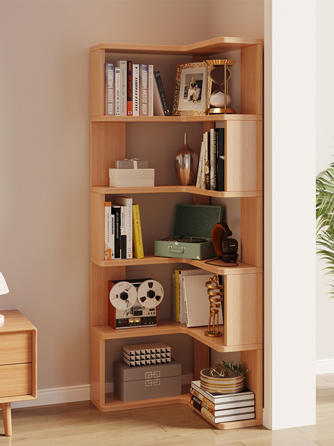 Solid Wood Corner Bookshelf Integrated Storage Rack Wall-Mounted Floor-Standing Bookshelf Home Corner Storage Shelf Bookcase Storage Cabinet