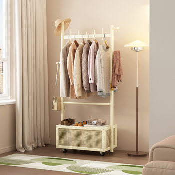 Floor-Standing Coat Rack, Movable Simple Bedside Clothes Storage Rack, Entryway Solid Wood Bedroom Standing Clothes Rack