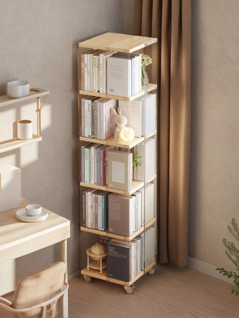 Solid Wood Integrated Rotating Bookshelf, Multi-Layer Storage Rack, Floor-Standing Household Transparent Display Cabinet, Children's Bookcase, Movable