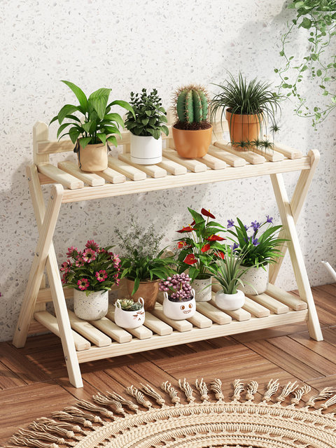 Solid Wood Small Flower Stand Multi-Layer Cross-Shaped Storage Rack Indoor Living Room Balcony Flower Stand Floor-Standing Storage Flower Rack