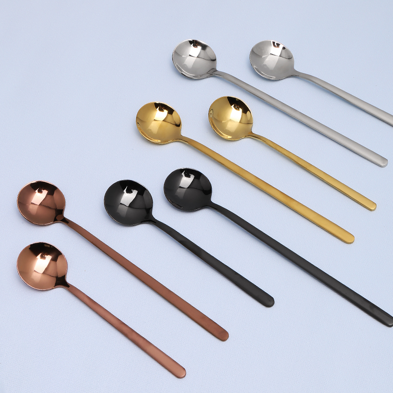 Wooden 304 stainless steel dessert spoon coffee stirring spoon home creative western food round head small spoon shooting props
