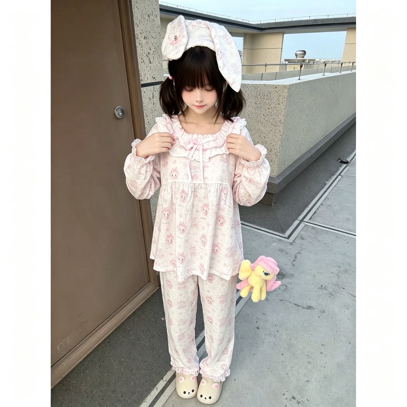 Cartoon Anime Style Long-Sleeved Long Pants Pajamas for Women, Sweet Style Doll Collar Lace Trim, Can Be Worn Outside, Home Wear Set