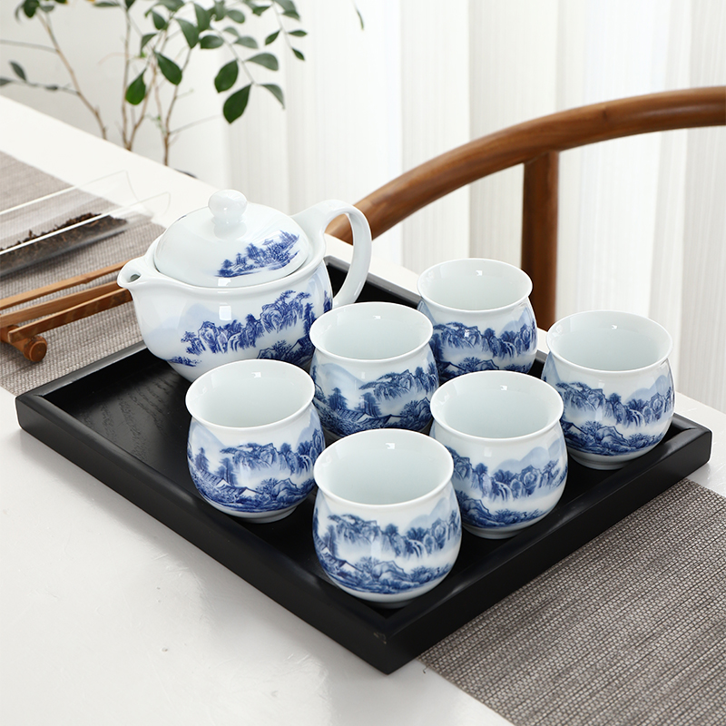 Tea set double layer heat insulation is not blue and white porcelain teacup kung fu Tea kettle with filter the whole landscape of household