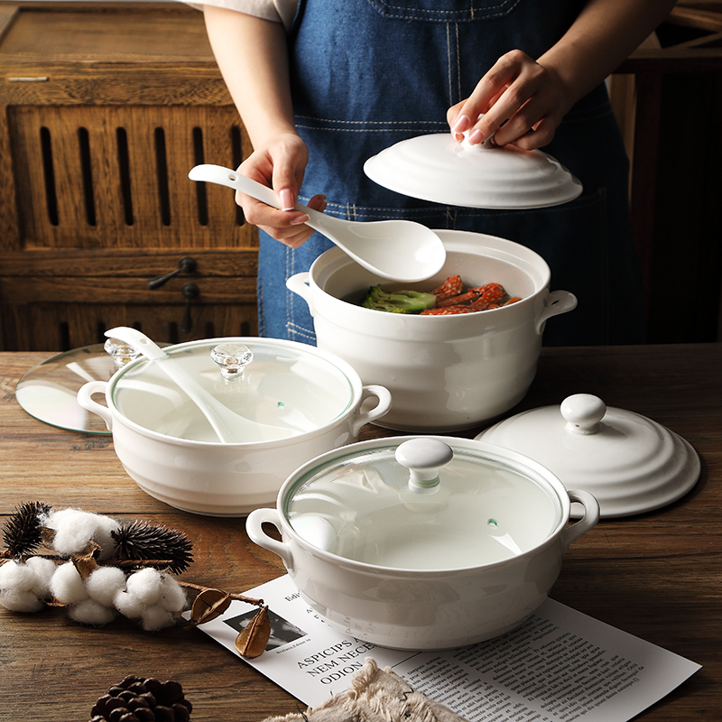 Household 8 inches ears ceramic bowl microwave soup pot with cover creative large pure white soup basin package mail
