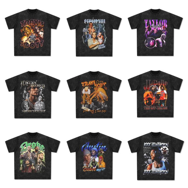 Kanye, Justin Bieber, Eminem, Travis Scott, Drake, American Hip-Hop, Rap, Vintage Print, Washed Short-Sleeve Shirt