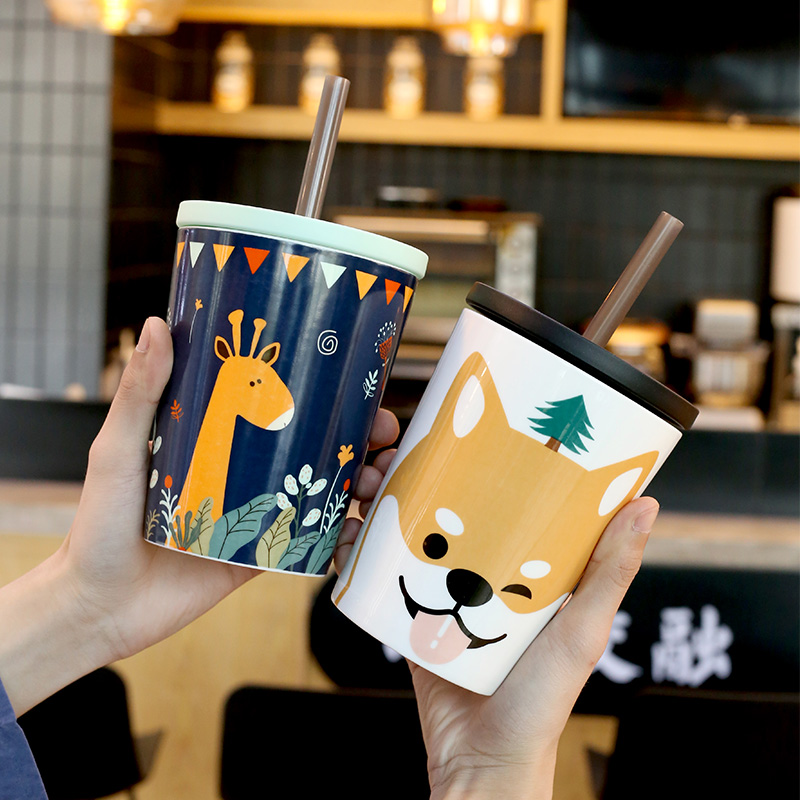 Net Red Pearl Milk Tea Cup Bully King Cup With Straw Large Capacity Ceramic Mark Cup Cartoon Cute Water Mug Lord