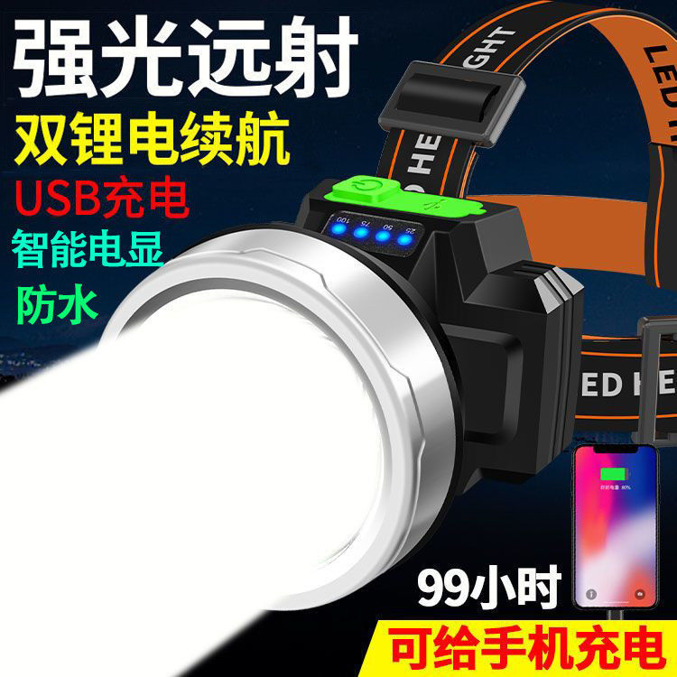 Headlamp with Strong Light and Long Beam, Rechargeable, Ultra-Bright, Waterproof, Suitable for Night Fishing and Mining, with Ultra-Long Battery Life, Dual Lithium Flashlight