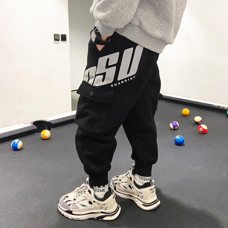 Boys' pants Spring and autumn plus plus plush children's middle and older children's loose overalls sweatpants spring primary school students' sweatpants