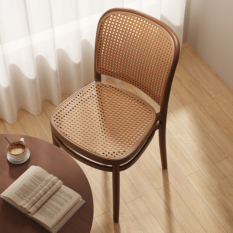 Nordic Rattan Plastic Chair for Outdoor and Home Use, Stackable Dining Chair, Vintage Imitation Wood Backrest Chair, Desk Computer Chair
