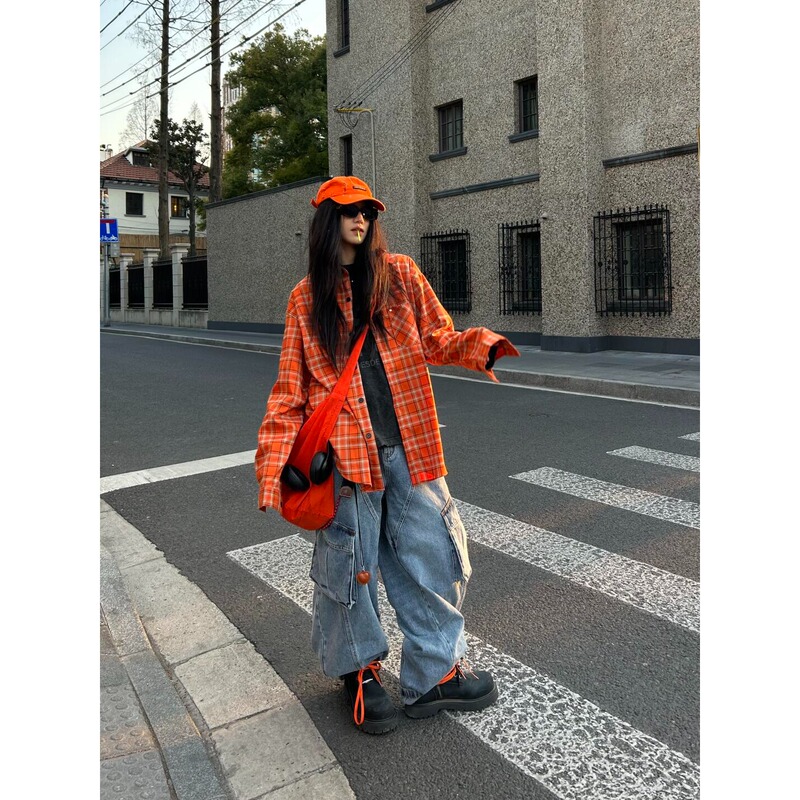 American Retro Orange Plaid Long-Sleeved Shirt for Men and Women, Loose and Versatile, Casual High Street Sun Protection Shirt, Couple's Jacket