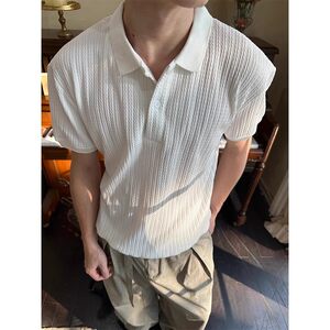 Eme Summer Vertical Stripe Embossed Henry Collar Short-Sleeve T-Shirt Men's Polo Shirt Old Money Style Cleanfit Regular Shoulder Top