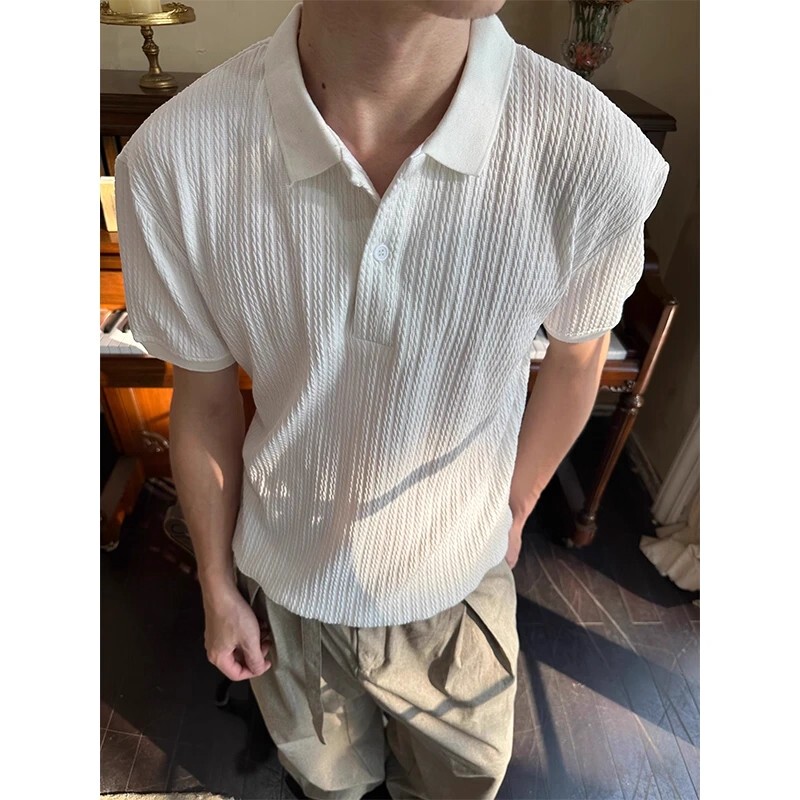 Eme Summer Vertical Stripe Embossed Henry Collar Short-Sleeve T-Shirt Men's Polo Shirt Old Money Style Cleanfit Regular Shoulder Top