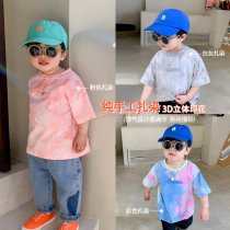 Small baby Zheng baby boy 90-130 yards zdyeing letter printed short sleeve round neckline gradient color pure cotton T-shirt boy