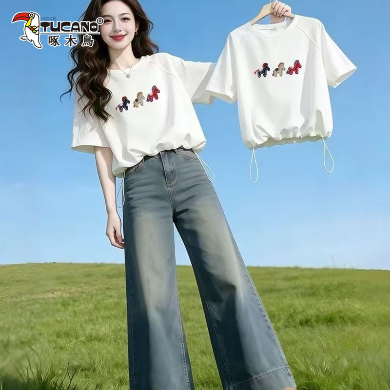 Woodpecker White Patchwork Drawstring Hem Short-Sleeve T-Shirt for Women, Summer 2026 New Loose Design Trendy Top t