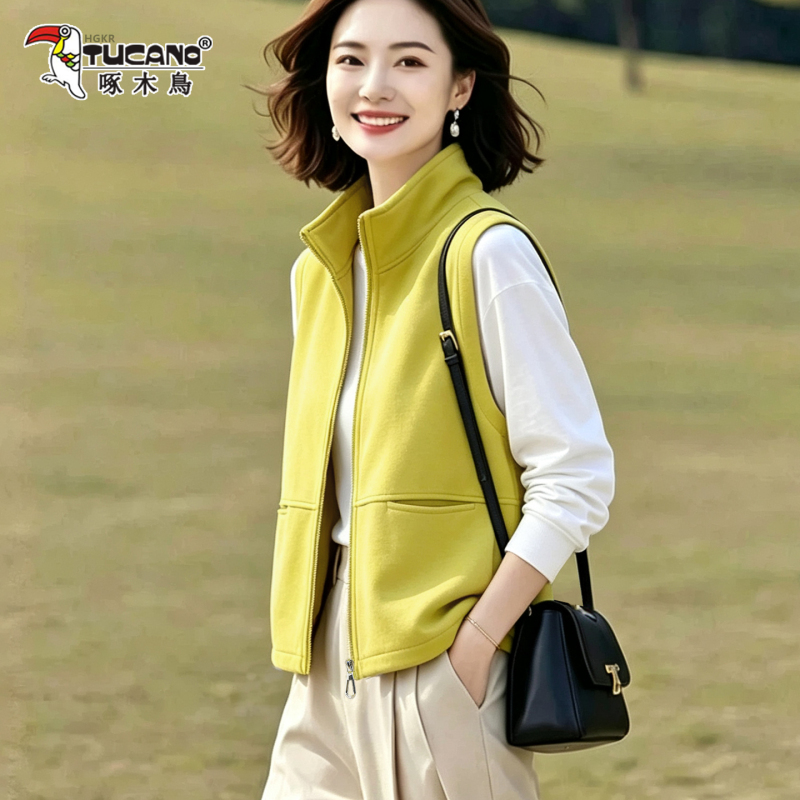 Woodpecker Short Vest for Petite Women with Stand Collar, New Autumn Style, Loose Fit, Versatile, Casual, Age-Reducing Vest Jacket