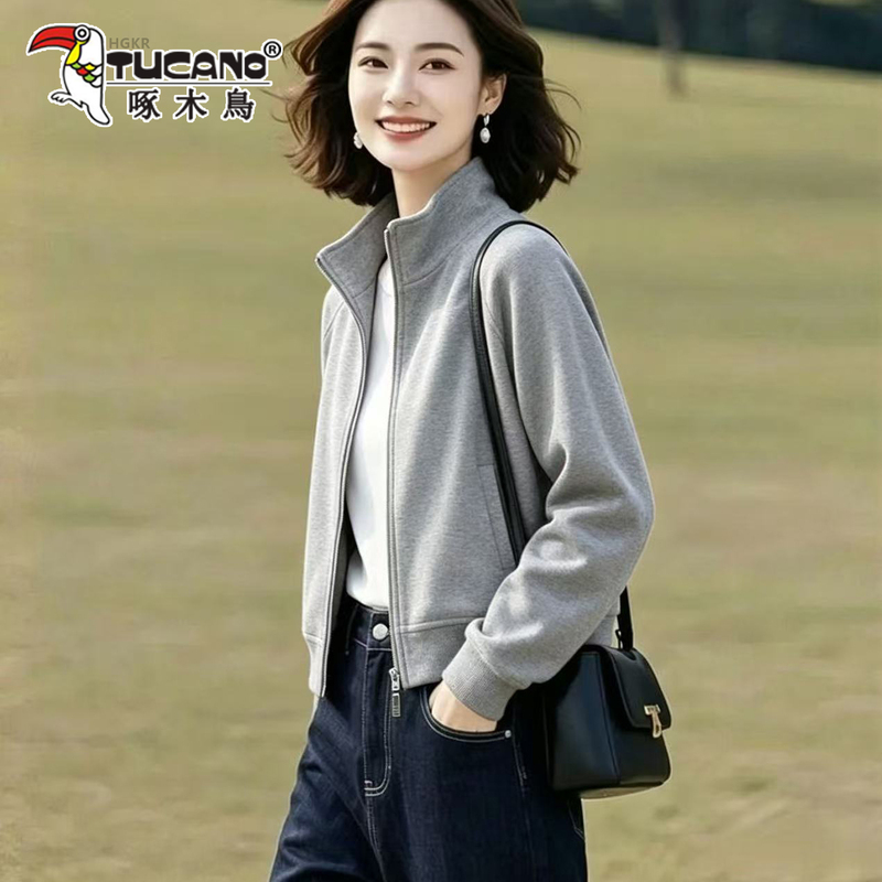 Woodpecker Elegant Stand Collar Short Jacket for Women, Autumn 2026 New Casual Zipper Jacket, Slimming Fashion Sweatshirt Woodpecker Elegant Stand Collar Short Jacket for Women, Autumn 2026 New Casual Zipper Jacket, Slimming Fashion Sweatshirt