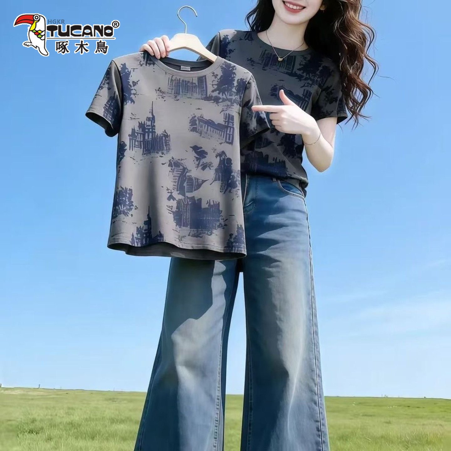 啄木鸟灰色圆领短袖正肩上衣女复古印花时尚百搭设计感新款t恤