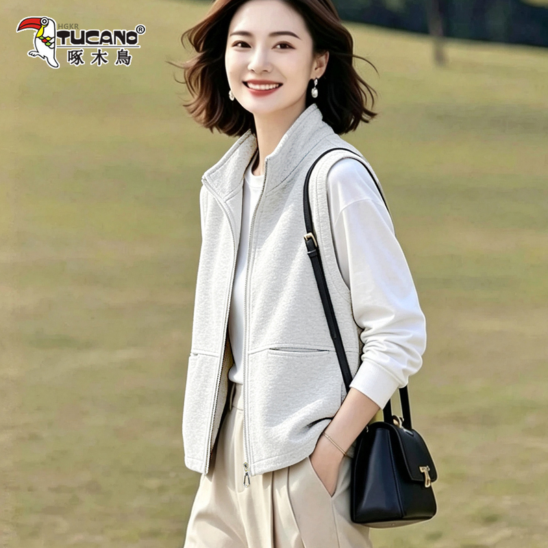 Woodpecker Short Vest for Petite Women with Stand Collar, New Autumn Style, Loose Fit, Versatile, Casual, Age-Reducing Vest Jacket