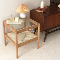 Ancient small fish ins solid wood edge few simple rattan woven small tea table square glass side cabinet Korean hostel bedside table
