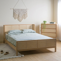 Rattan bed Japanese solid wood bed small apartment ash wood master bedroom bed 1 51 8 meters household simple rattan bed