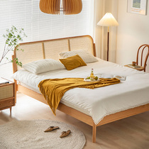 Solid wood bed rattan bed Japanese style simple double bed home B&B ash wood furniture 1 5 meters 1 8 meters retro bed