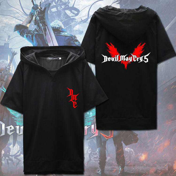 Devil May Cry 5 Short Sleeve Hooded T-Shirt Game Surrounding Short Sleeve Hooded Devil May Cry 5 Handsome Personality Printing Trend Spring and Autumn