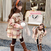 French Fad Sincgo girls woolen coat winter 2023 new coat plus velvet girls mid-length top