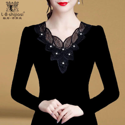 薄款/加绒 2020新款保暖黑色网纱打底衫V领大码胖MM长袖T恤上衣女