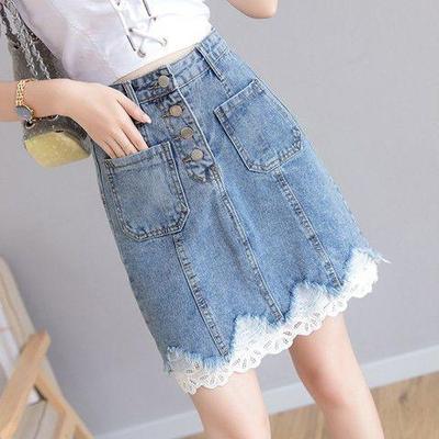 蕾丝边牛仔短裙女2019春夏新款韩版高腰a字裙包臀裙ins超火半身裙