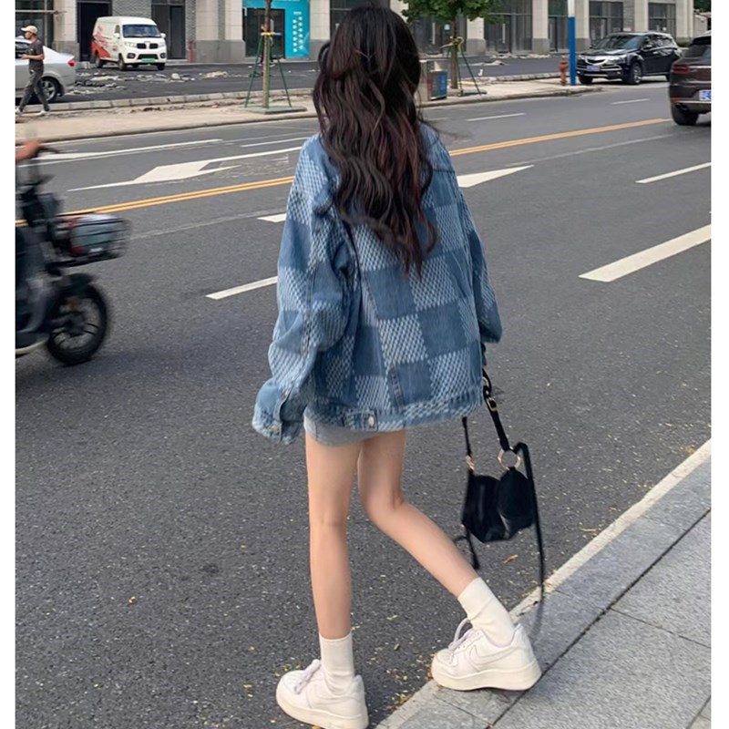 Trendy Plaid Denim Jacket for Women, New Spring and Autumn Korean Style, Loose and Cool, Slimming Jacket Top