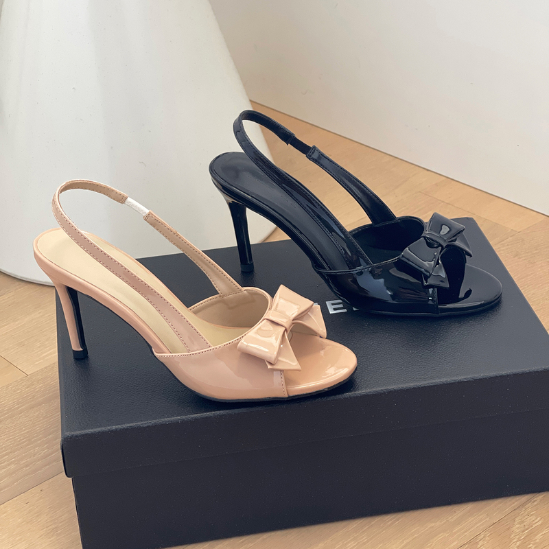 Nude Patent Leather Round-Toe Bow Sandals for Women 2026 New French Style Sexy Non-Tiring Open-Back Stiletto High Heels
