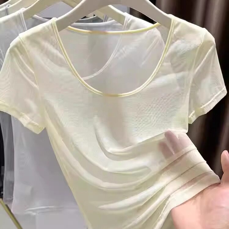 Lace Base Shirt for Women, Spring/Summer 2025, Slim Fit, Large Round Neck, Short Style, Mesh Undershirt, Short Sleeve Top