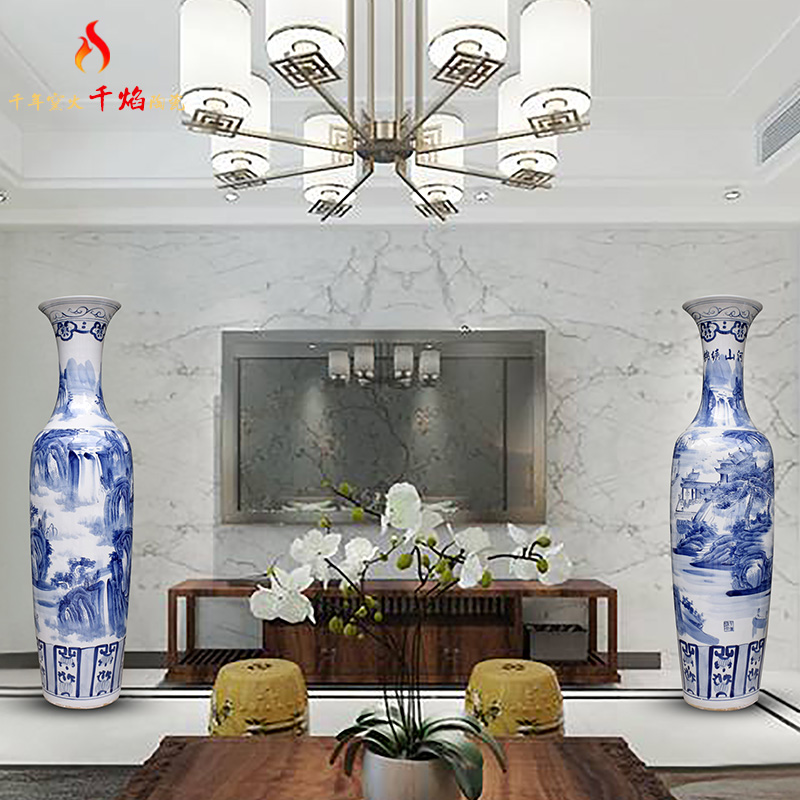 Jingdezhen ceramics landing large hand blue and white porcelain vase landscape kumsusan painting Chinese style living room decoration