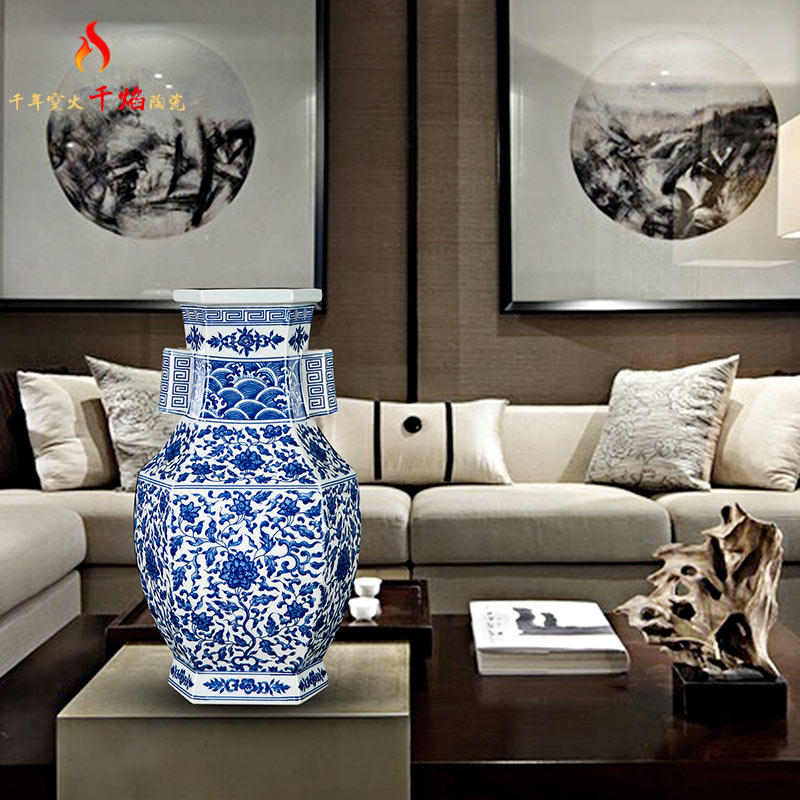 Jingdezhen ceramics mesa blue and white porcelain vase bound branch lotus ears six sides square bottle of traditional Chinese style living room decoration