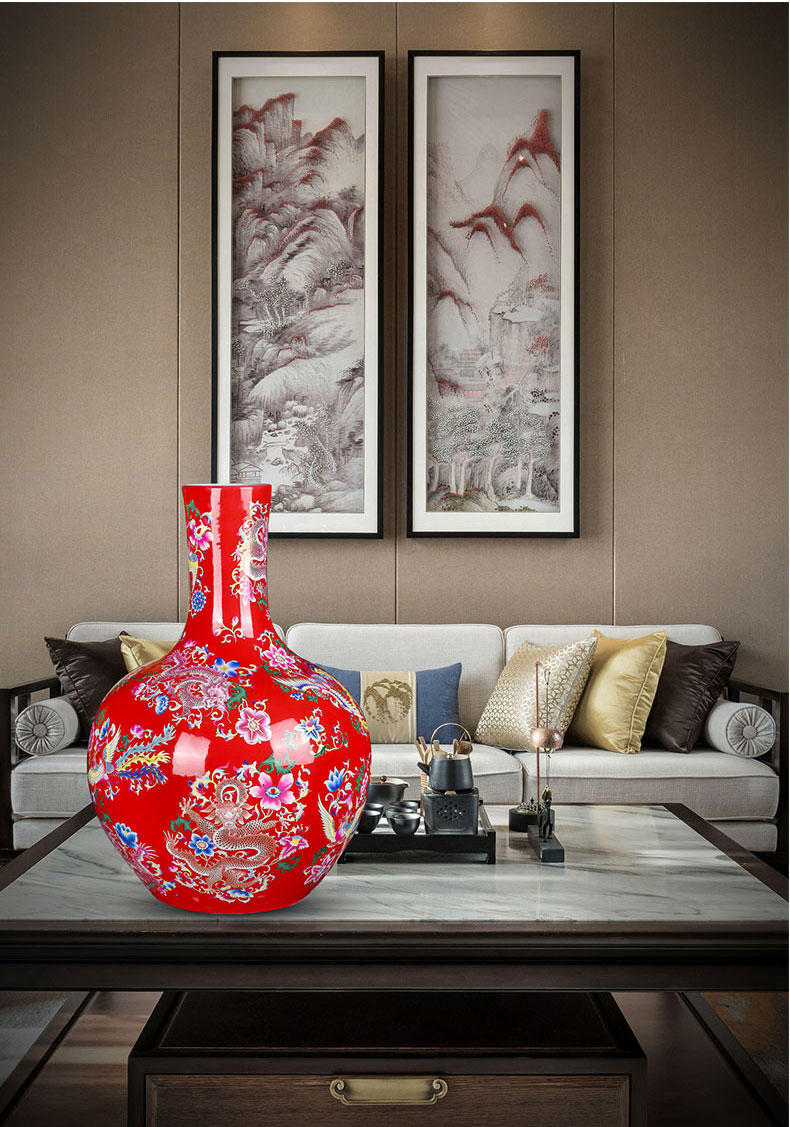 Jingdezhen ceramics vase landing red phoenix grain idea gourd tree modern Chinese sitting room place flower arrangement