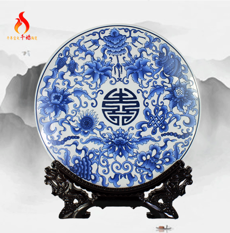 Blue and white porcelain of jingdezhen ceramics plate modern furnishing articles sitting room ark, rich ancient frame of Chinese style household ornaments